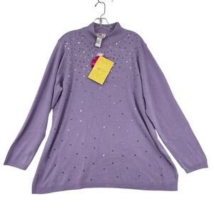 Quacker Factory Sweater Size 1X Lavender Purple Sequin Mock‎ Neck Side Slit